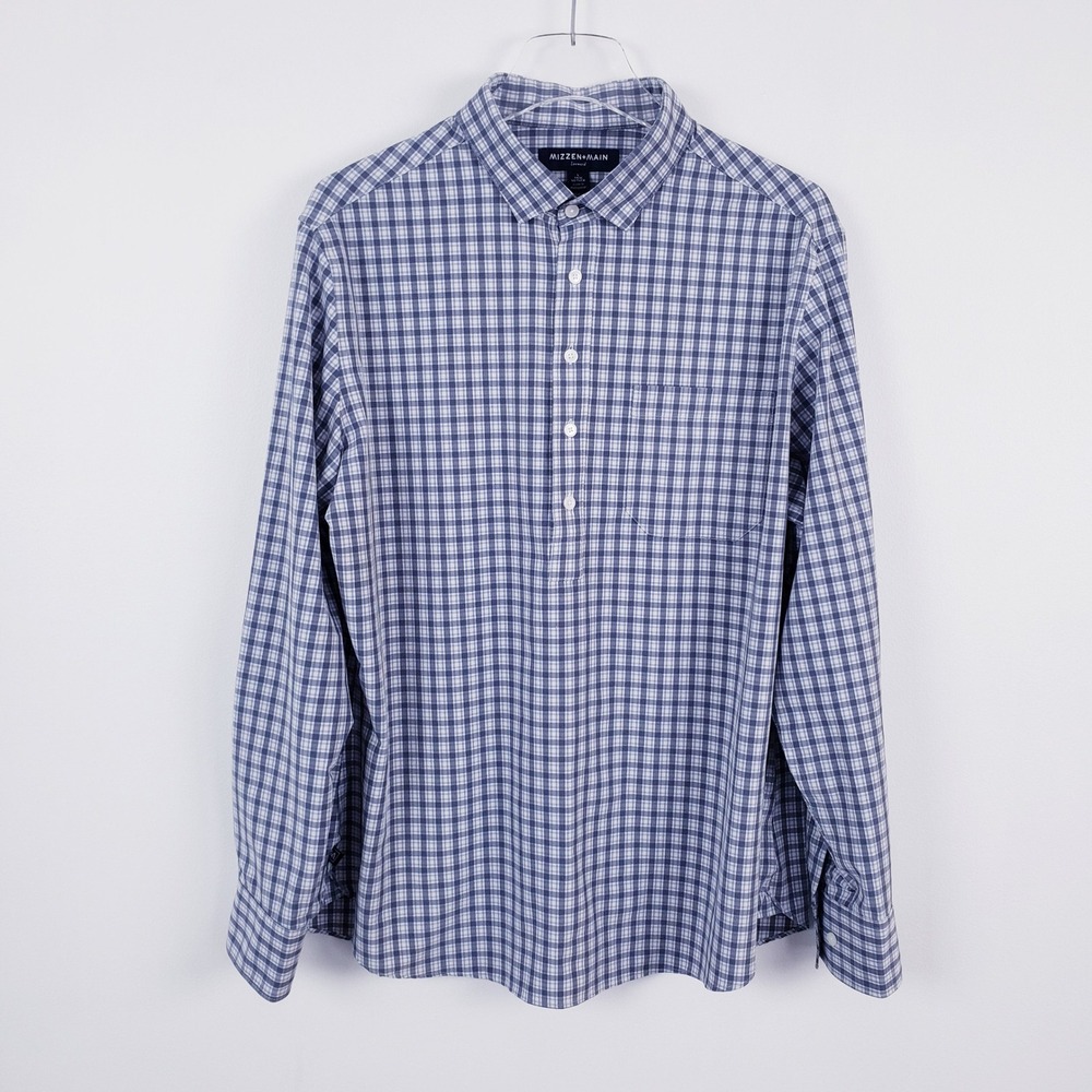Mizzen+Main Leeward No Tuck Button Up Dress Shirt Stretch Blue Plaid Large Trim